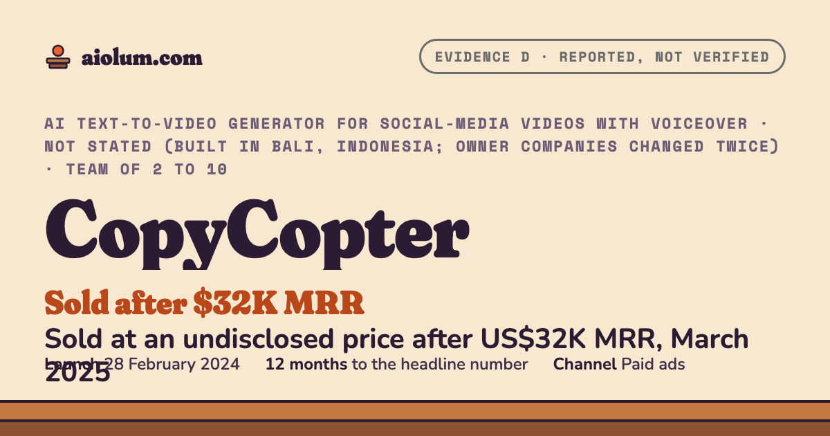 CopyCopter: Sold at an undisclosed price after US$32K MRR, March 2025. AI text-to-video generator for social-media videos with voiceover, Not stated (built in Bali, Indonesia; owner companies changed twice), team of 2 to 10, evidence grade D.