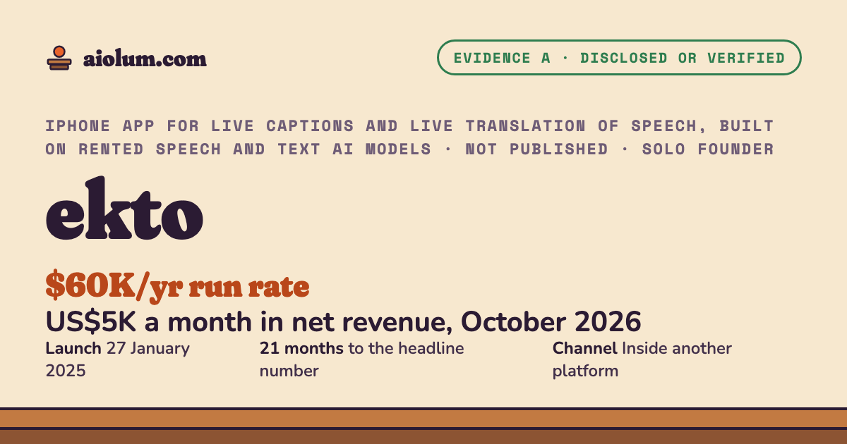 ekto: US$5K a month in net revenue, October 2026. iPhone app for live captions and live translation of speech, built on rented speech and text AI models, Not published, solo founder, evidence grade A.