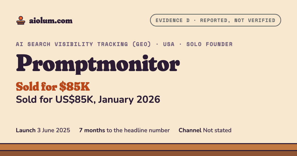 Promptmonitor: Sold for US$85K, January 2026. AI search visibility tracking (GEO), USA, solo founder, evidence grade D.