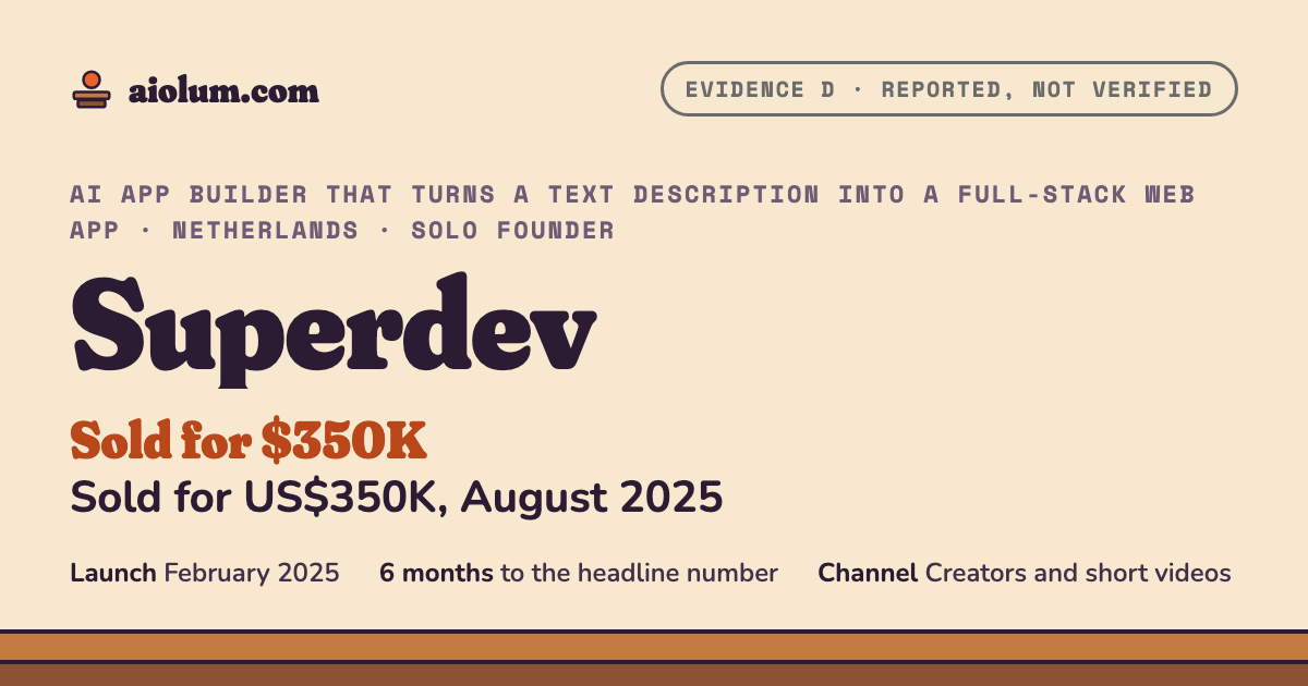 Superdev: Sold for US$350K, August 2025. AI app builder that turns a text description into a full-stack web app, Netherlands, solo founder, evidence grade D.